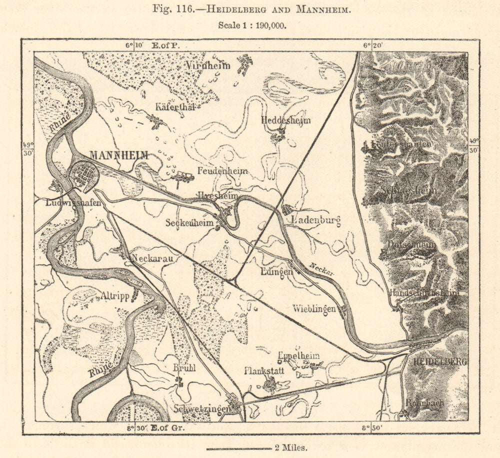 Heidelberg & Mannheim environs. Baden-Württemberg. Sketch map 1885 old